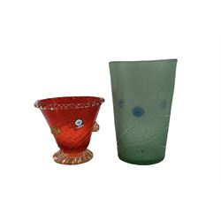 Murano red glass vase of wrythen form with aventurine inclusions, and another with textured body and three applied prunts H21cm (2)