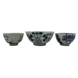 Group of 18th century porcelain comprising a Cannonball pattern tea bowl and saucer, Liverpool saucer painted in underglaze blue with floral sprays and a crowsfoot border, Birds on a Branch pattern bowl D11cm, possibly Liverpool, and another tea bowl (5)
