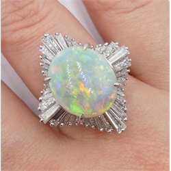 Platinum oval cabochon opal and baguette diamond ring, stamped 900, opal 4.48 carat, diamond total weight 2.17 carat 