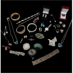 Good group of silver jewellery and costume jewellery, including two Scottish hardstone brooches, hinged silver bangles, rolled gold bangle, enamelled pansy pendant necklace, various pairs of silver earrings, silver brooches, rings, bracelets, beaded necklaces
