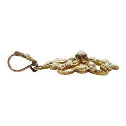 Edwardian 17ct gold split seed pearl crecent brooch, retailed by The Goldsmiths & Silversmiths Company, in original box and a gold seed pearl openwork pendant stamped 15ct 