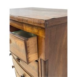 19th century mahogany bow front chest, fitted with two short over three long graduation drawers with cockbeaded fronts, raised on turned supports