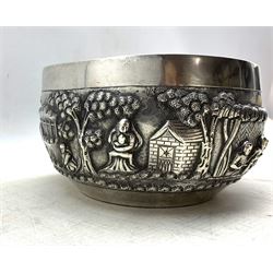 19th century Chinese white metal bowl, repousse decorated with a continuous scene of figures and buildings in a landscape, centred by a vacant shield shaped cartouche, unmarked but tests as silver, D17cm 14.9oz