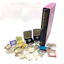 Great British coins including, commemorative crowns, six two pound coins, two 1992 pattern one ecu coins both cased without certificates, coin album containing pre-decimal coinage with various pennies showing variants and some rarer dates including King George VI 1950 and 1951, brass threepenny bits including 1946 and 1949, Queen Elizabeth II half crown coins etc