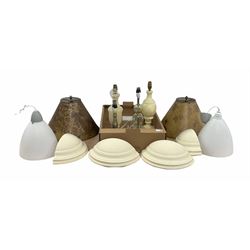 Four painted ceramic wall light fittings, together with a pair of pendent light fittings and various table lamps (12)