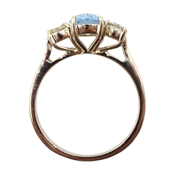 18ct gold three stone oval aquamarine and round brilliant cut diamond ring, hallmarked, aquamarine aprpox 1.20 carat, total diamond weight approx 0.30 carat