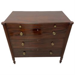 Attributed to Gillows - Regency mahogany chest, reed moulded rectangular top with extending circular terminals, fitted with brushing slide over three drawers enclosed by reeded upright columns, with circular pressed brass handles, on collar turned feet