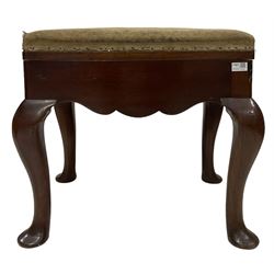 19th century mahogany stool, the hinged lifting lid over cabriole supports 