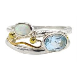 Silver and 14ct gold wire blue topaz and opal ring, stamped 925