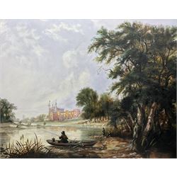 After Thomas Creswick (British 1811-1869): 'Fishing on the River Thames Near Eton College', oil on canvas inscribed 50cm x 63cm