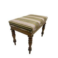 Victorian stool upholstered in striped fabric, raised on turned supports