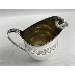 George III silver cream jug with engraved cartouche and trailing border pattern with reeded loop handle H10cm London 1800 3.9oz