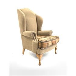 Wing back armchair, upholstered in herringbone fabric with tartan covered squab cushion, raised on cabriole front supports W80cm