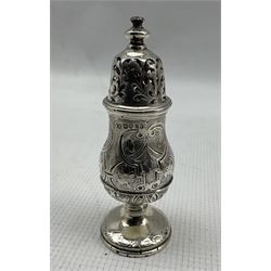 Pair of late Victorian silver pepperettes of urn form London 1896, together with a larger Victorian engraved silver example 4.7oz 