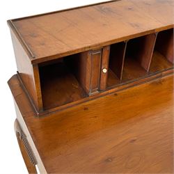 19th century yew wood bonheur du jour or lady's writing desk, raised back with tambour roll revealing pigeon holes, the front fascias with square column pilasters, shaped top and front fitted with single drawer, on tapering cabriole supports carved with scrolls