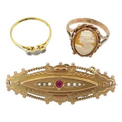 Early 20th century gold three stone diamond chip ring, stamped 18ct Plat, rose gold cameo ring stamped 9ct and an Edwardian 9ct gold mourning brooch, Birmingham 1909 