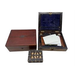 Late Victorian burr walnut writing box housing a Parker Vacumatic fountain pen with 14k nib, Parker Duofold fountain pen and other writing implements, a porcupine quill box and another writing box