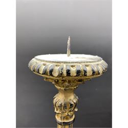Pair ebonised and gilt pricket table candlesticks, with flared sconce with leaf frieze, baluster pillar, trefoil base with three acanthus capped feet H59cm