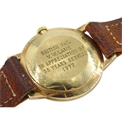 Smiths Astral 9ct gold gentleman's 17 jewels manual wind presentation wristwatch, London 1976, on tan leather strap, boxed