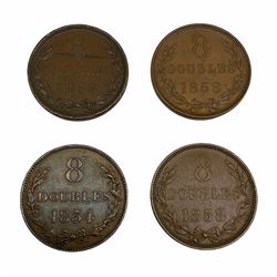 Four Guernsey (Guernesey) eight doubles coins, one dated 1834 and three 1858 