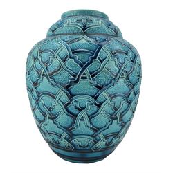 Burmantofts Faience turquoise-glaze vase, of ovoid form with swollen collar neck, the body tube line decorated with a trailing linear repeat pattern, against a stipple ground, impressed factory marks beneath, model no. 582, H25cm