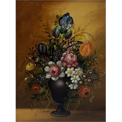 Indistinctly signed Continental still life, oil on board of a vase of flowers, 28cm x 22cm
