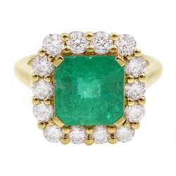 18ct gold emerald and diamond cluster ring, hallmarked, emerald approx 2.80 carat, total diamond weight approx 1.20 carat