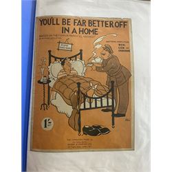 An album of Victorian and later sheet music covers mostly relating to WW2 to include I've Got Sixpence, Good Luck Until We Meet Again, The White Cliffs of Dover, Ma I miss your Apple pie, Adolf and many others (approx 70, plus later printed covers) Provenance: From the Estate of a Local private collector