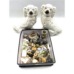 Pair of Staffordshire pottery King Charles spaniels H30cm, Copenhagen small figure of a frog on a rock, Swarovski glass owl and a number of other small owl ornaments