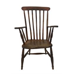 Oak and elm farmhouse chair, the slatted back over elm seat, raised on turned supports