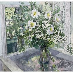 Norma Jameson (British 1933-): Still Life of Lilies on a Ledge, oil on canvas signed and dated 1983, 90cm x 95cm