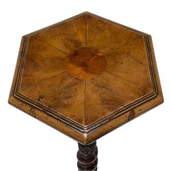 Walnut torchére, hexagonal moulded top with segmented veneers and central yew wood circular panel, spiral turned column on three scrolled and moulded out splayed supports
