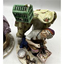 Pair of 19th century French porcelain figures by Samson, modelled as a Cobbler whistling to a bird in a cage and his wife seated in a barrel, H22.5cm max