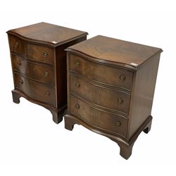 Small pair late 20th century mahogany serpentine chests, each fitted with three drawers 