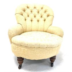 Victorian bedroom chair, upholstered in buttoned ivory damask, raised on turned front supports and castors, W67cm