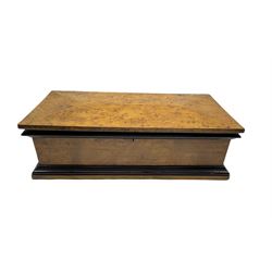 Victorian birds eye maple and ebonised rectangular three division box with slightly canted hinged cover, L42cm 