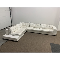  'Contempo' white leather upholstered corner sofa, with loose cushions, 361cm x 275cm, H54cm (D108cm)  