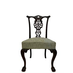 Chippendale design mahogany dining chair, the scrolled cresting rail over pierced splat over seat, raised on ball and claw supports  