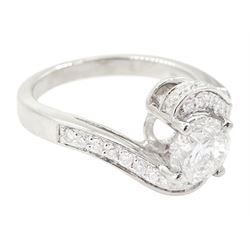 Platinum single stone round brilliant cut diamond crossover ring, with diamond set shoulders, principal diamond approx 0.90 carat, together with a diamond set band, both hallmarked