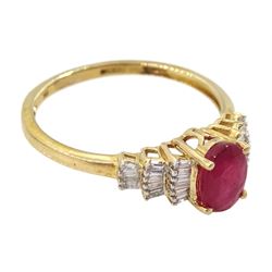 9ct gold oval ruby ring, with stepped baguette cut diamond shoulders, hallmarked