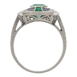 Platinum emerald, sapphire and diamond dress ring, with diamond set shoulders, stamped Plat, emerald approx 1.08 carat, total sapphire weight approx 0.68 carat