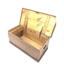 Victorian scumbled pine blanket box, with wrought metal carry handle to each end 111cm x 53cm, H48cm