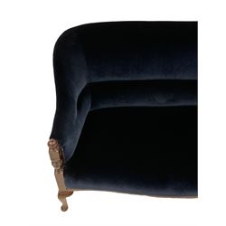 Early 20th century mahogany settee, upholstered in deep indigo velvet with sprung seat, raised on turned supports with cabriole feet