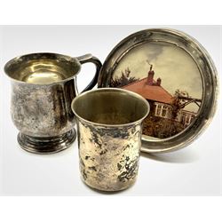 Small silver baluster christening mug engraved with a monogram H7cm Birmingham 1936, Continental 830 standard beaker and a silver photograph frame 