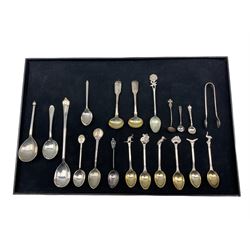 Pair of early 19th century silver fiddle pattern salt spoons Exeter 1838 Maker Robert Williams, silver long handled preserve spoon various silver teaspoons, tongs and six Australian plated spoons by Angus and Coote