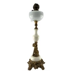 Victorian opaque glass and brass oil lamp with floral painted decoration, later converted to electricity, another opaque glass oil lamp with moulded glass reservoir and another, with gilt and alabaster style stem, H71cm max