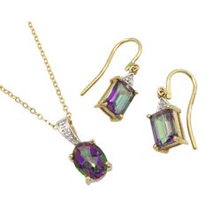 9ct gold oval mystic topaz and diamond pendant necklace and a similar pair of emerald cut mystic topaz and diamond pendant earrings, all hallmarked 