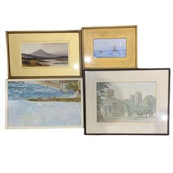 S Miller (British 20th century): Moorland Landscape with Heather, gouache signed; W Clegg (British 20th century): Coastal Landscape, oil on board signed; H Nelson (British 20th century): Sailboat in Calm Seas, gouache signed together with watercolour of York Minster max 25cm x 40cm (4)