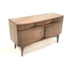 Mid century oak bow front sideboard by Harris Lebus, fitted with three drawers and two cupboards, raised on half round supports, W125cm