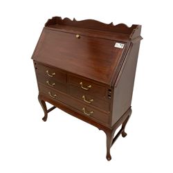 20th century Chinese hardwood bureau, shaped raised back, fall-front enclosing fitted interior, over four short and one long drawer, raised on cabriole supports